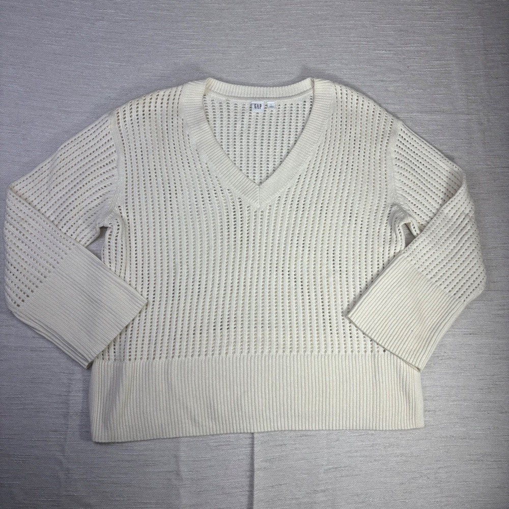 GAP Womens Cream White Cotton Open Knit V-Neck Pullover Sweater Large